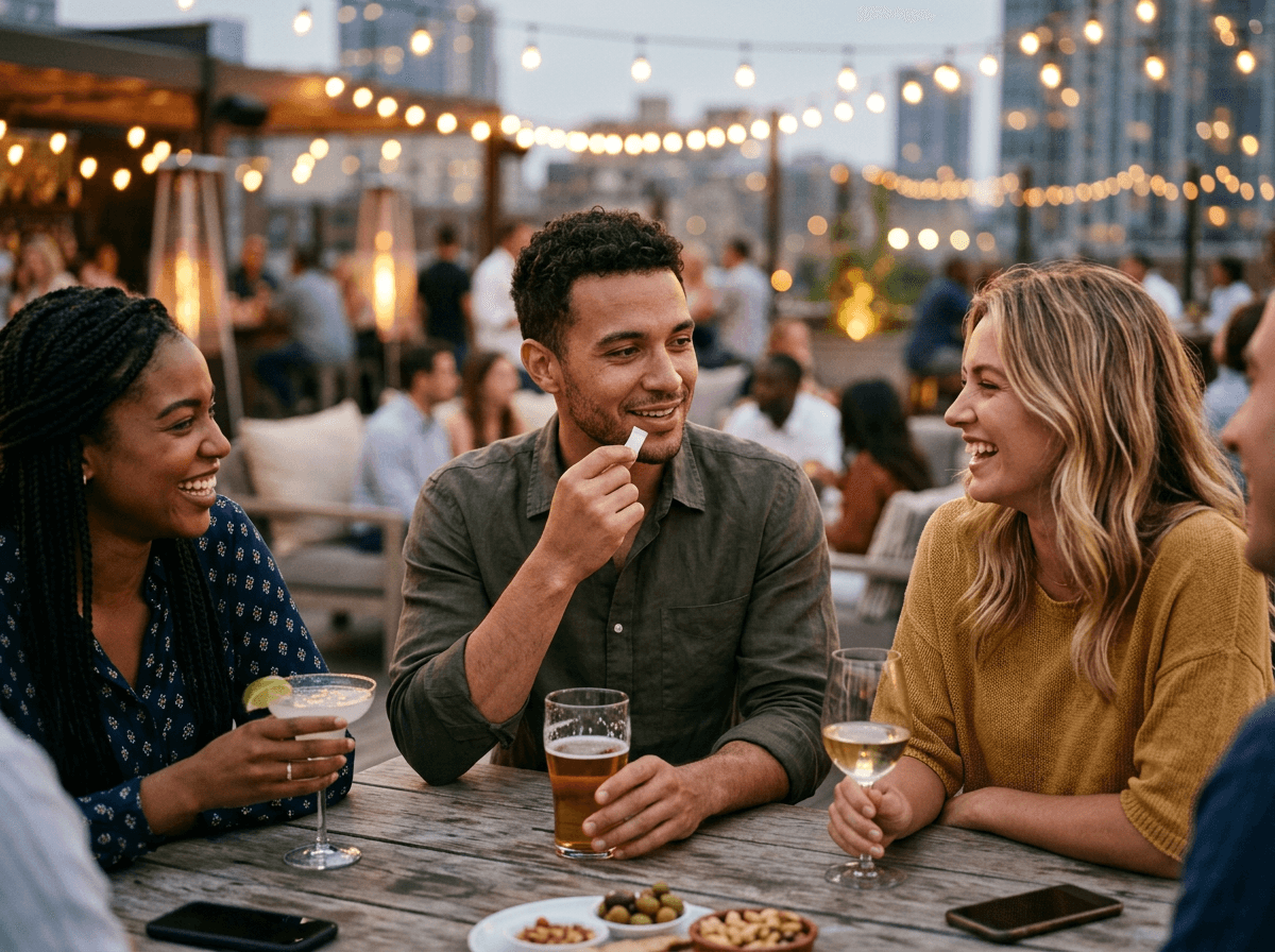 Fit, social young people enjoying drinks while using Lively pouches — active lifestyle