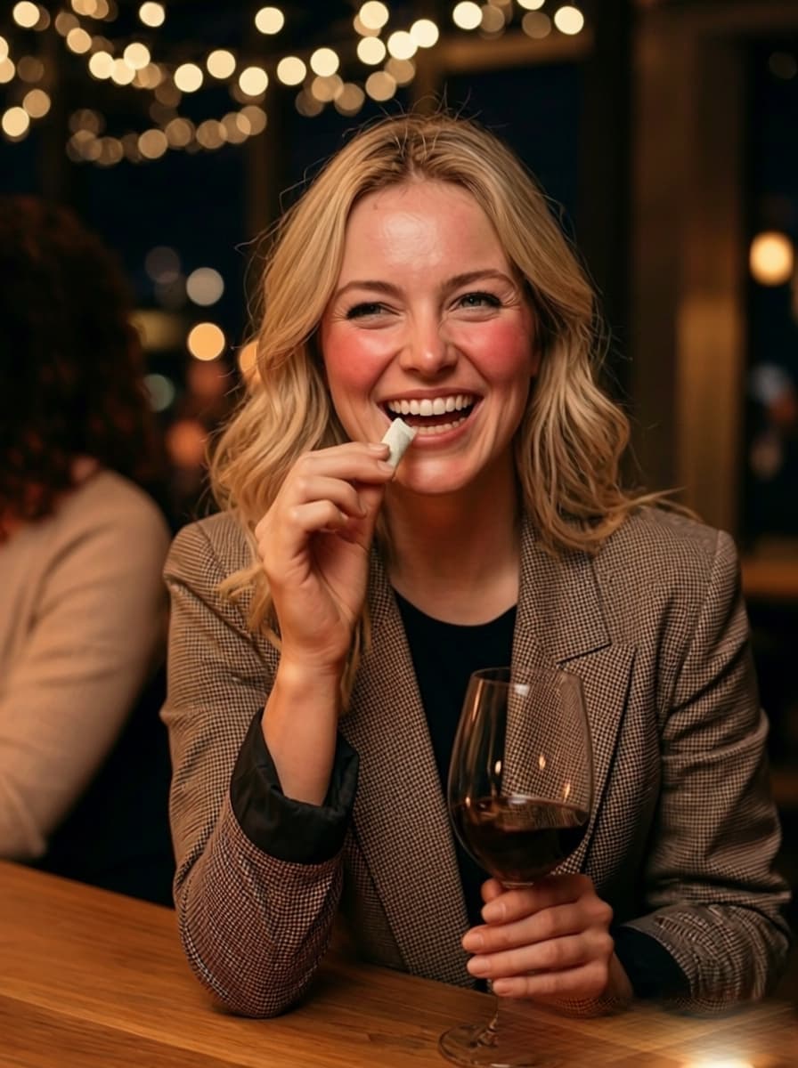 Young woman enjoying wine with friends in the evening, holding a Lively pouch