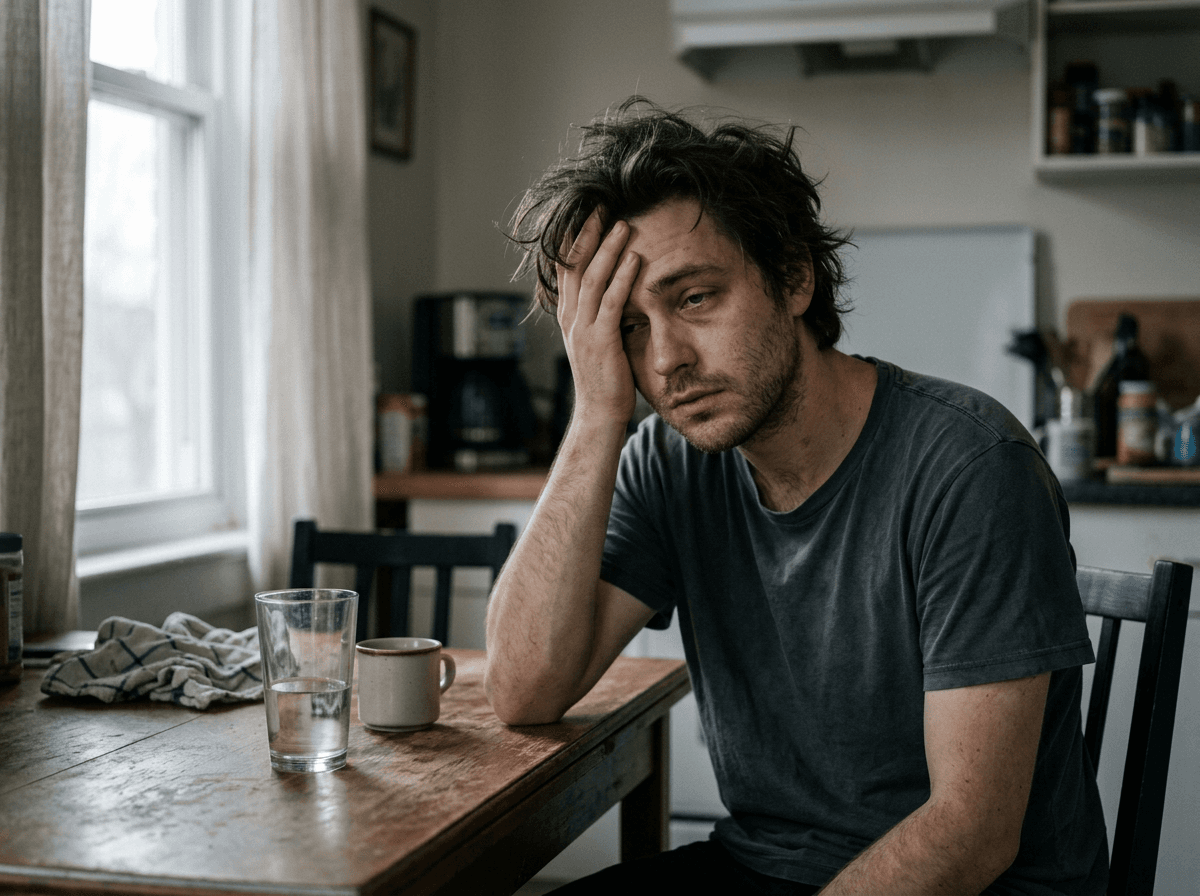 Person looking groggy and tired the morning after drinking