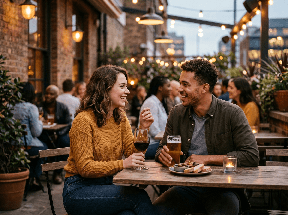 Young, fit group of friends enjoying drinks socially in the evening — relaxed and social